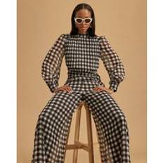 River Island Gingham Long Sleeve Crop Top - Black