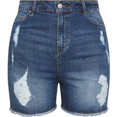 Yours Curve Ripped Stretch Denim Shorts - Blue