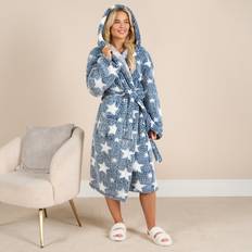 Teddy Dressing Gown Marl Heart Star Ladies Warm Soft Cosy Longewear Robe - Dark Navy
