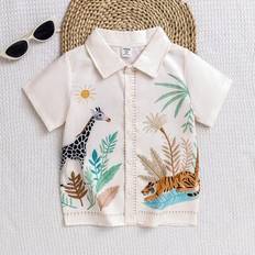 Polyester Shirts Children's Clothing Shein Cartoon Animal & Plant Print Short Sleeve Shirt - Summer