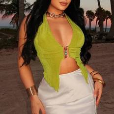 Shein Solid Green Sexy Open Front Halter Neck Tank Top - Green