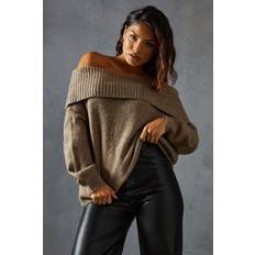 Clothing Misspap Premium Knit Bardot Foldover Jumper - Beige