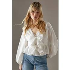 Clothing Warehouse Womens Poplin Tie Front Balloon Sleeve Blouse - White