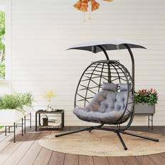 OutSunny Rattan Double Hanging Egg Chair with Canopy Cushion Black