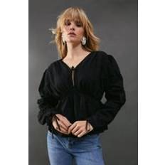 Black Blouses Warehouse Cotton Tie Front Volume Sleeve Blouse - Black