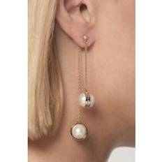 Karen Millen 14k Gold Plated Logo Pearl Double Drop Earrings - Gold