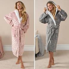 Womens Dressing Gown Sherpa Fleece Soft Warm Heart Star Ladies PJ Loungwear Robe - Pink
