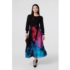 Floral Contrast Print Tie Waist Midi Dress - Black