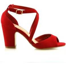 Red Heeled Sandals XY London Alice Strappy Peep Toe Mid Block High Heel Sandal Shoes - Red