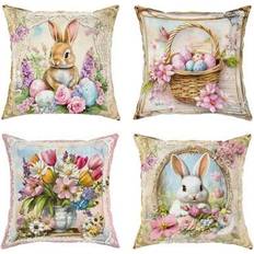 Blue Easter Decorations Shein 4 Pcs Set Featuring Bunny And Floral Designs On Easter Eggs With Cute Throw Pillow Covers Easter Decoration