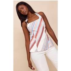 Blue Tank Tops PrettyLittleThing Striped Woven Halterneck Trim Detail Top - Blue