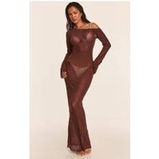 PrettyLittleThing Crushed Mesh Maxi Beach Dress - Chocolate