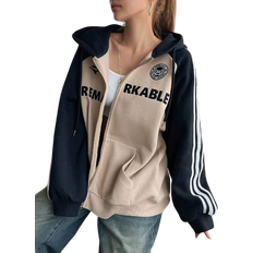 Shein DAZY Women's Loose Fit Hoodie With Contrast Stripe, Letter Embroidery And Zipper Design,Long Sleeve Tops