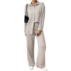 Shein PETITE 2pcs Women Spring & Autumn Casual Solid Color Long Sleeve Shirt And Pants Set