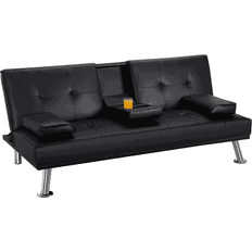 Renwick Modern Faux Leather Futon with Cupholders and Pillows Black Sofa 66" 2 Seater