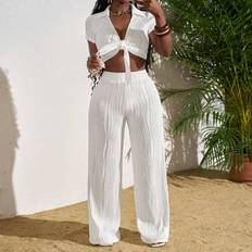 White Suits Shein Elegant Rhinestone Embellished Semi-Sheer Mesh Set - White