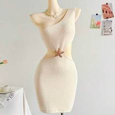 Shein Soleia Women's Apricot Textured Fabric One Shoulder Cutout Waist Metal Buckle Accent Mini Dress - Summer