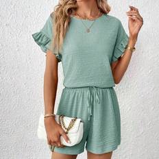 Shein 2 Pieces Set Women Short Sleeve Top Elastic Waist Shorts