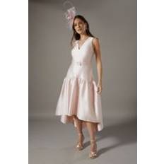 Drop Waist Satin Crepe Belted Midi Dress - Pink