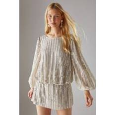 Silver Dresses Warehouse Womens Hen Hand Embellished Sequin Slash Neck Blouson Mini Dress - Silver