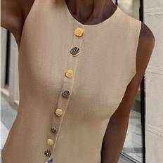 Clothing Shein Vintage Chic Fashionable Elegant Metal Button Open Front Solid Color Sleeveless Round Crew Neck Business Jacket - K