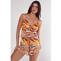 Orange Sleepwear Nasty Gal Womens Mixed Tiger & Leopard Print Trousers Pajama Set - Orange