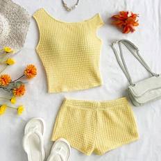 Shein Soleia 2pcs Set Women's Holiday Summer Yellow Puff Knit Cropped Halter Top - Ultra Low-Waist Tight Shorts