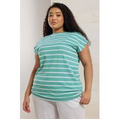 Yours Curve Striped Grown Sleeve Cotton Tshirt - Teal Blue