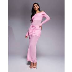 MISSYEMPIRE Foldover Bardot Mesh Insert Sheer Hem Maxi Dress - Pink