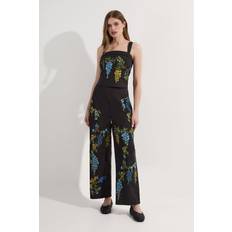 Karen Millen Trousers & Shorts Karen Millen Floral Embroidered Cotton Linen Woven Wide Leg Trousers - Black