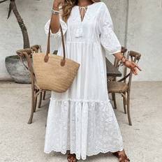 Shein Plus Size Women V-Neck Fringed Rope Embroidered Textured A-Line Holiday Dress - White