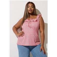 Red Blouses Gingham Frill Tie Top - Red