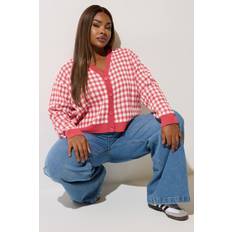Checkered - Women Cardigans Gingham Knitted Cardigan - Coral