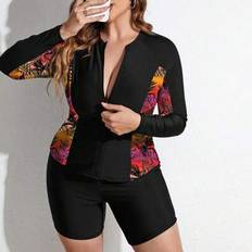 Elastan/Lycra/Spandex Tankinis Shein Plus Size Random Print Långärmad Tankini Baddräkt Set - Svart