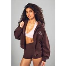 boohoo Womens DSGN Studio Contrast Script Boxy Crop Zip Through Hoodie - Brown