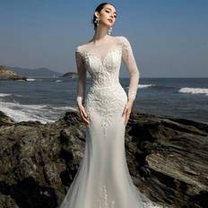 Shein Luxurious Beaded Embroidery Backless Long Sleeve Corset Mermaid Wedding Dress - Bride