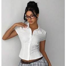 Shein Hvid Overdele Shein Dam Elegant Pendling Casual Solid - Vitt