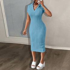 Shein Slaydiva Summer Casual Elegant Simple Basic Model New Lapel V-Neck Short-Sleeved Slim Long Skirt - White