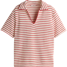 H&M Textured-Knit Collared Top - Cream/Red Striped