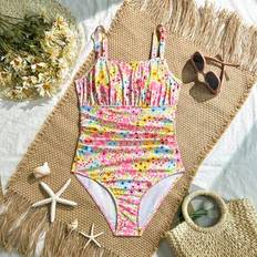 Florals Bathing Suits Shein Teen Girl Ditsy Floral Print Pleated One-Piece Swimsuit - Spring/Summer Vacation