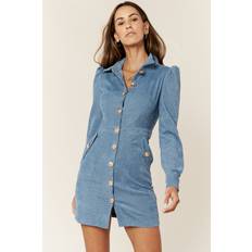 Corduroy - Women Dresses Corduroy Mini Shirt Dress - Mid Blue