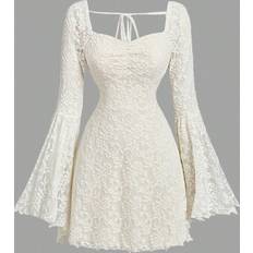 Lace Dresses Shein Women White Lace Jacquard Flare Sleeve Short Knit Dress - White