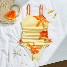 Children's Clothing Shein Tween Girls Pastel Yellow Floral Print Cami Side Drawstring One-Piece Swimsuit