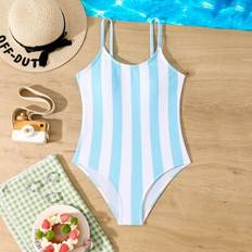Shein Tween Girl Striped Print Adjustable Strap Bubble Mesh One-Piece Swimsuit - Beach