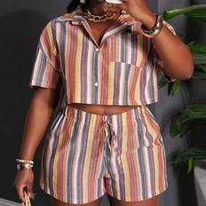 Multifarvet Jakkesæt Shein Plus Size Damer Casual Vacation Kortärmad Skjorta Crop Top - Multifärgad
