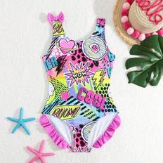 Florals Swimwear Shein Tween Girls Colorful Floral Print Ruffle Edge One-Piece Swimsuit