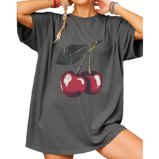 Shein Stugaz Plus Size Women Cherry Print Round Neck Loose T-Shirt - Dark Grey