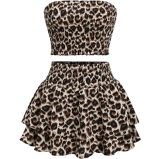 Brown - Women Jumpsuits & Overalls Shein Sweetra Leopard Print Embroidered Tube Top And Layered Skirt Woven Two-Piece Set Y2K Outfit