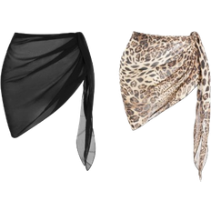 Multicoloured - Women Swimwear Shein Swim 2pcs Set: Solid Color & Leopard Print Cover-Up Skirts Summer