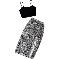 Shein Soleia 2pcs Set: Solid Color Spaghetti Strap Top And Ditsy Floral Slit Hem Skirt, Casual Holiday